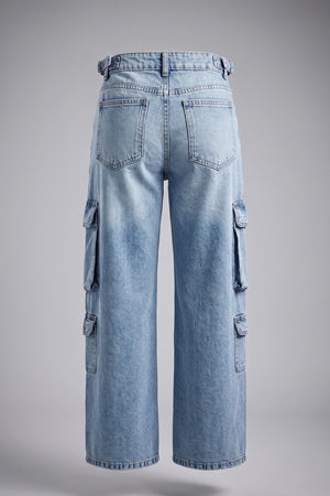 Women's Light Blue High Rise Cargo Wide Leg Denim Jeans