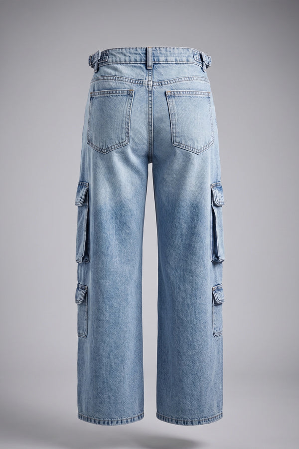 Women's Light Blue High Rise Cargo Wide Leg Denim Jeans