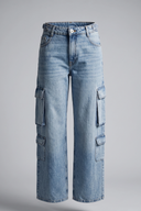 Women's Light Blue High Rise Cargo Wide Leg Denim Jeans
