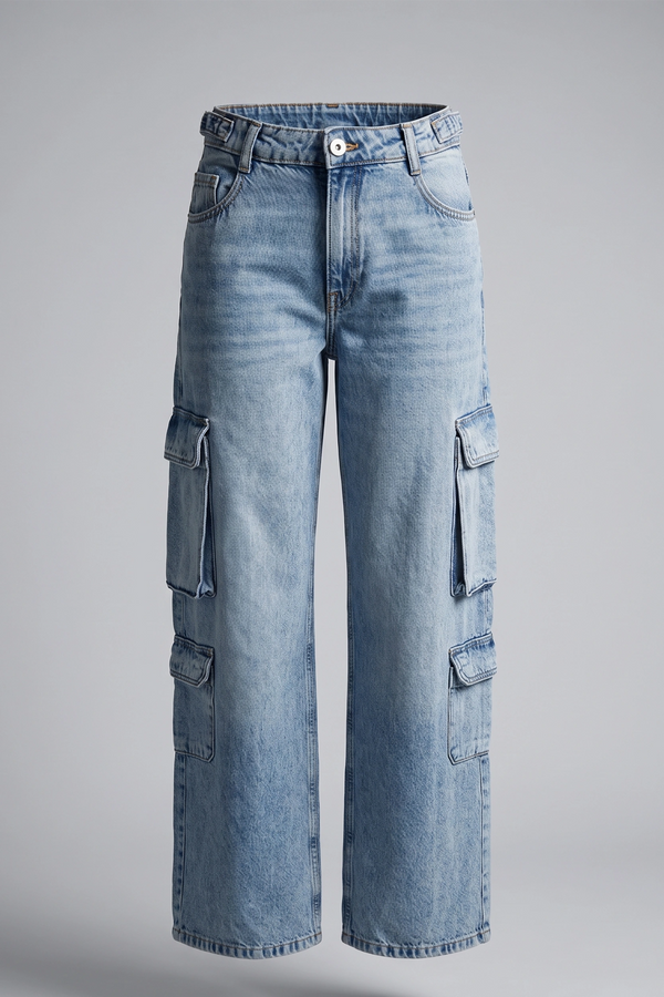 Women's Light Blue High Rise Cargo Wide Leg Denim Jeans