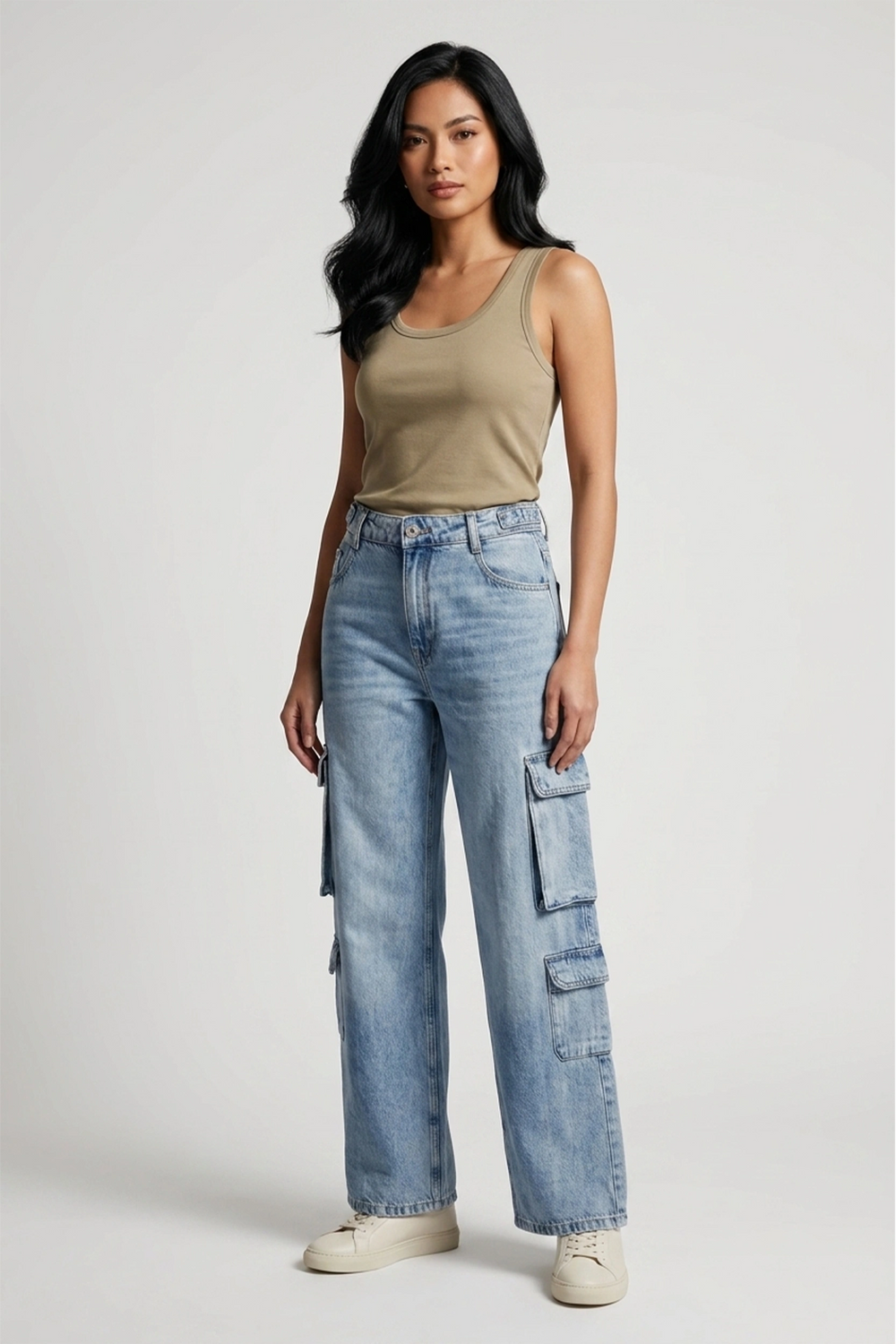 Women's Light Blue High Rise Cargo Wide Leg Denim Jeans