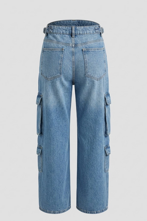 Women's Mid Blue Mid Rise Cargo Wide Leg Denim Jeans