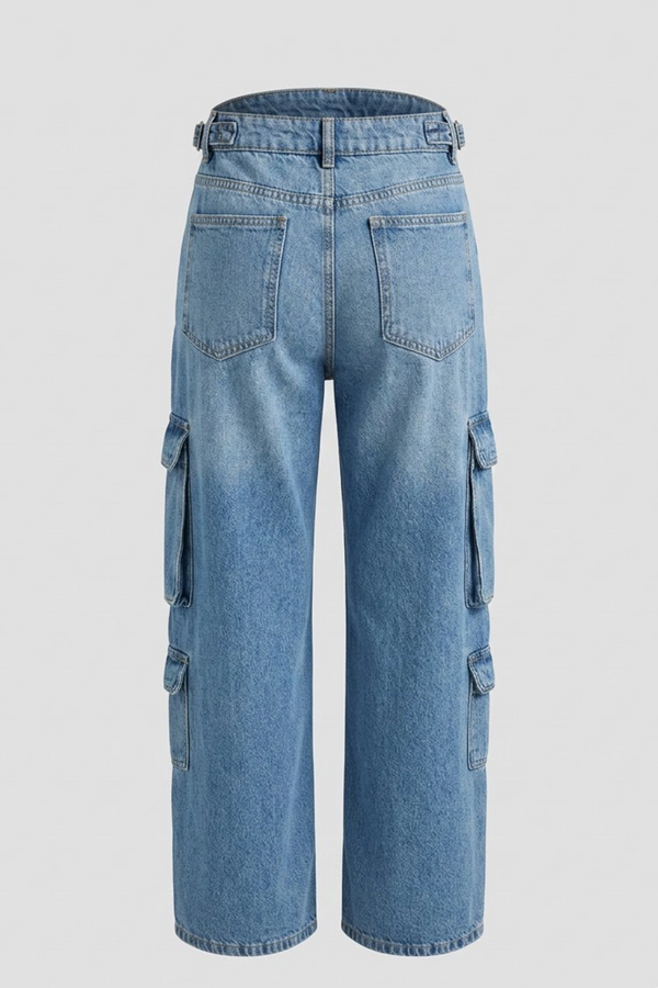 Women's Mid Blue Mid Rise Cargo Wide Leg Denim Jeans