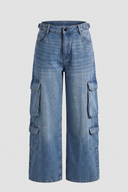Women's Mid Blue Mid Rise Cargo Wide Leg Denim Jeans