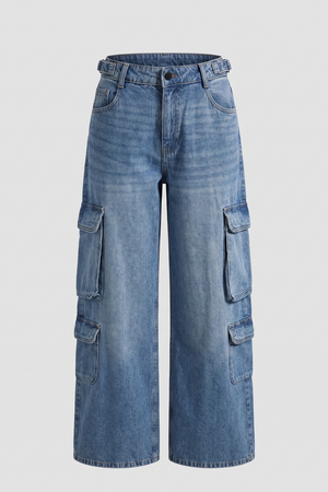 Women's Mid Blue Mid Rise Cargo Wide Leg Denim Jeans