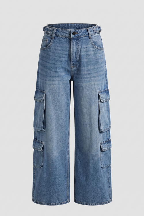 Women's Mid Blue Mid Rise Cargo Wide Leg Denim Jeans