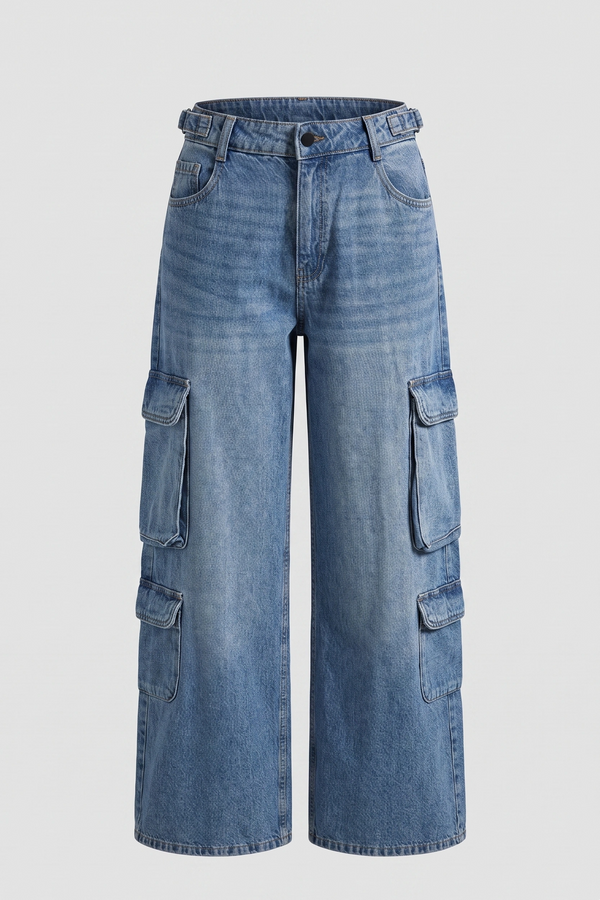 Women's Mid Blue Mid Rise Cargo Wide Leg Denim Jeans
