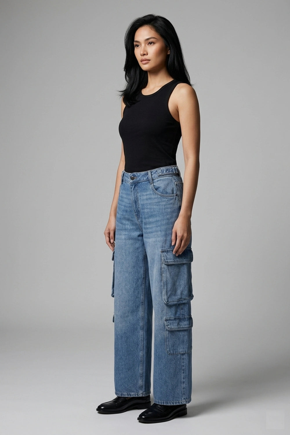 Women's Mid Blue Mid Rise Cargo Wide Leg Denim Jeans