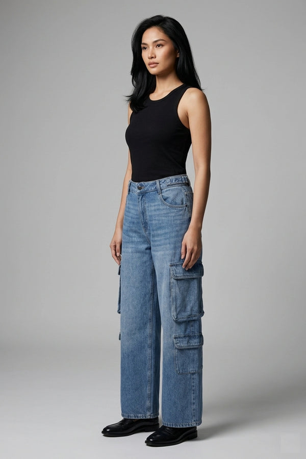 Women's Mid Blue Mid Rise Cargo Wide Leg Denim Jeans
