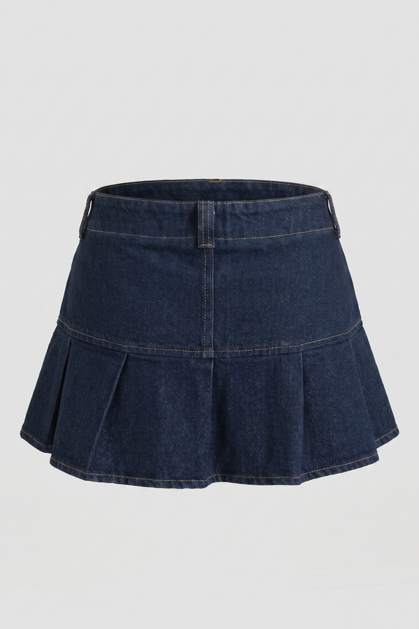 Women's Dark Blue Denim Pleated Mini Skort - 2 Button