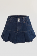 Women's Dark Blue Denim Pleated Mini Skort - 2 Button