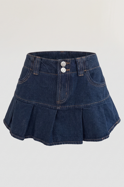 Women's Dark Blue Denim Pleated Mini Skort - 2 Button