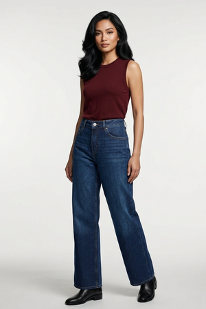 Women's Dark Blue High Rise Wide Leg Jeans