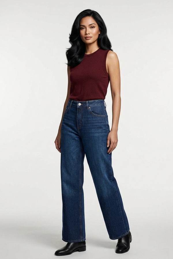 Women's Dark Blue High Rise Wide Leg Jeans