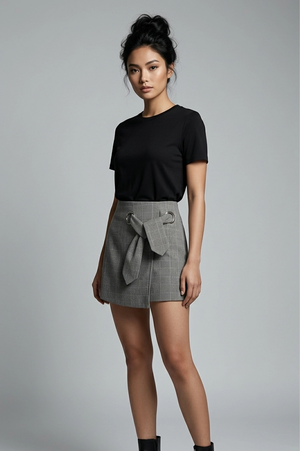 Women's Gray Checkered High Rise Tie Front Skort