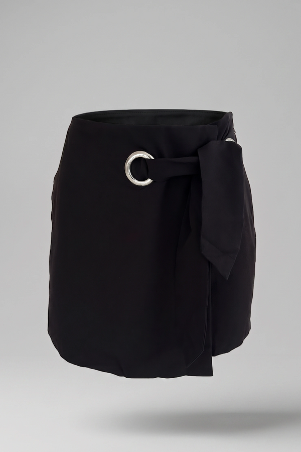 Women's Black High Rise Tie Front Skort - Ring Detail