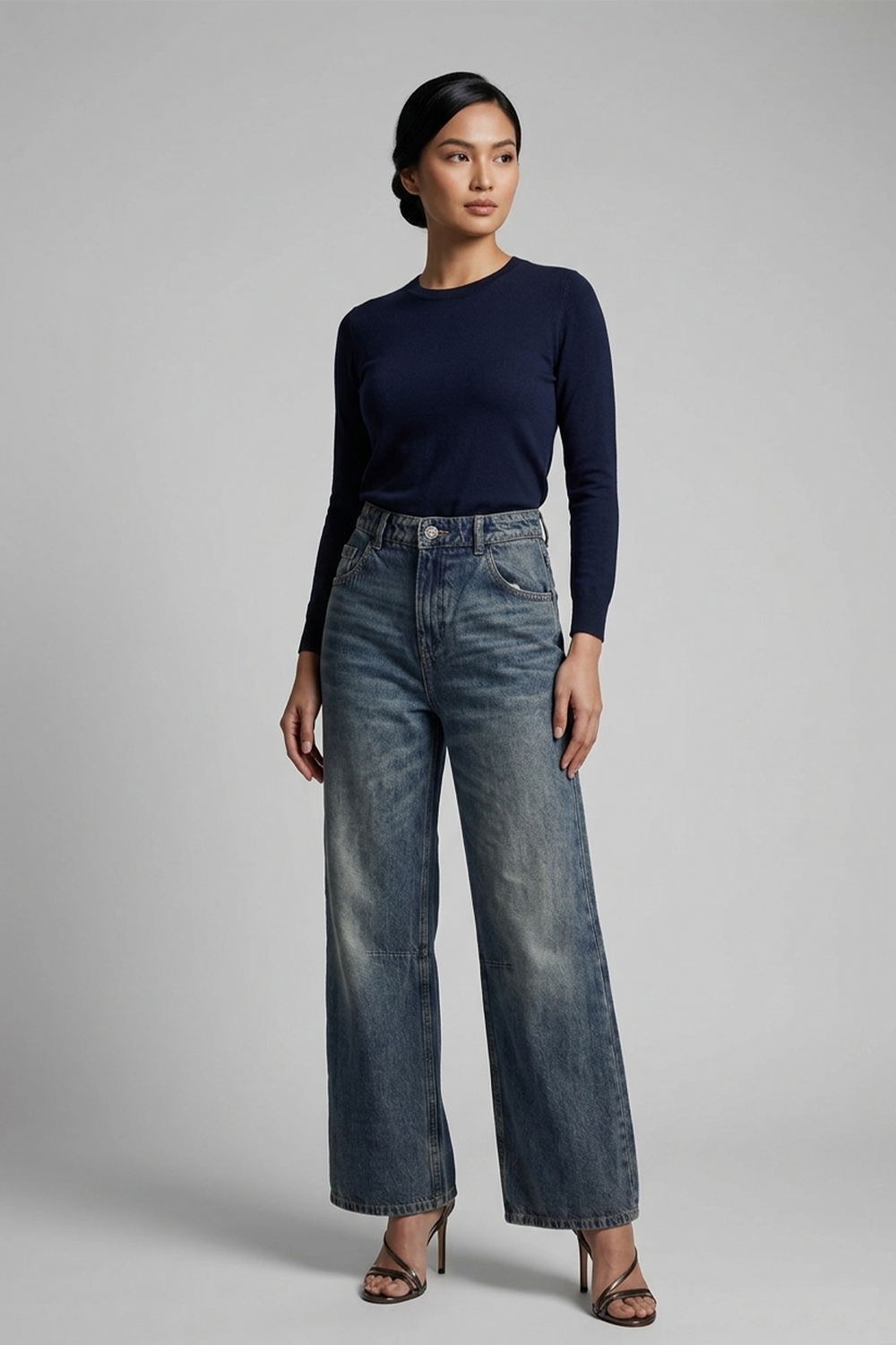 Women's Ash Blue High Waist Wide Leg Jeans - Back Belt