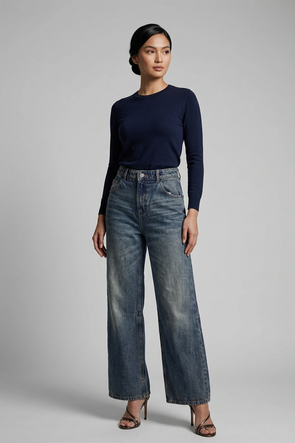 Women's Ash Blue High Waist Wide Leg Jeans - Back Belt