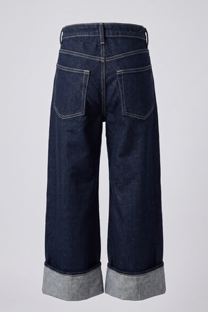 Women's Navy Blue High Rise Wide Leg Cuffed Denim Pants