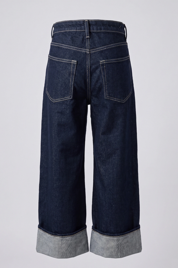 Women's Navy Blue High Rise Wide Leg Cuffed Denim Pants