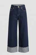 Women's Navy Blue High Rise Wide Leg Cuffed Denim Pants