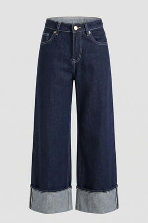 Women's Navy Blue High Rise Wide Leg Cuffed Denim Pants