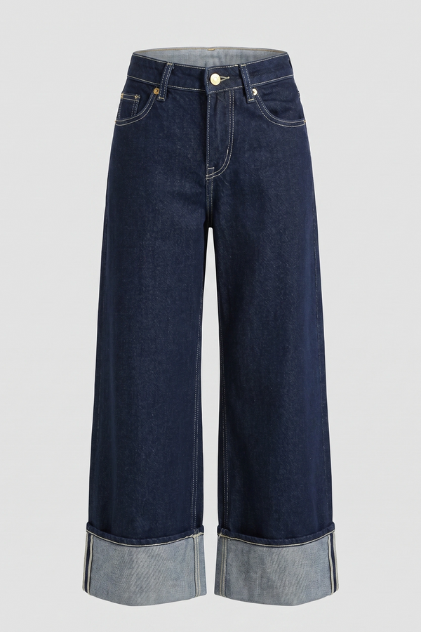 Women's Navy Blue High Rise Wide Leg Cuffed Denim Pants