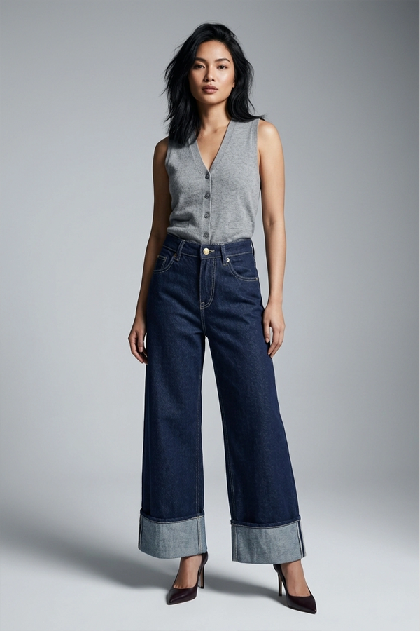 Women's Navy Blue High Rise Wide Leg Cuffed Denim Pants
