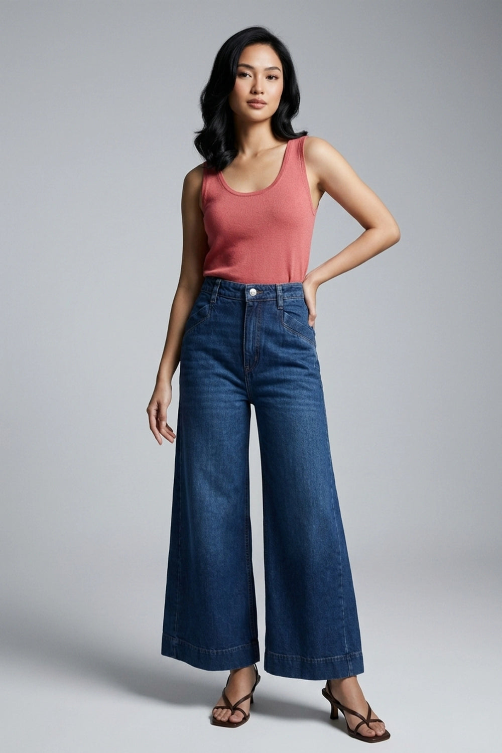 High Rise Wide Leg Denim Pants for Women