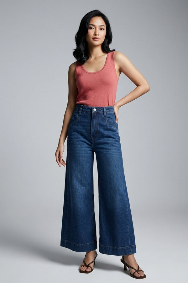 High Rise Wide Leg Denim Pants for Women