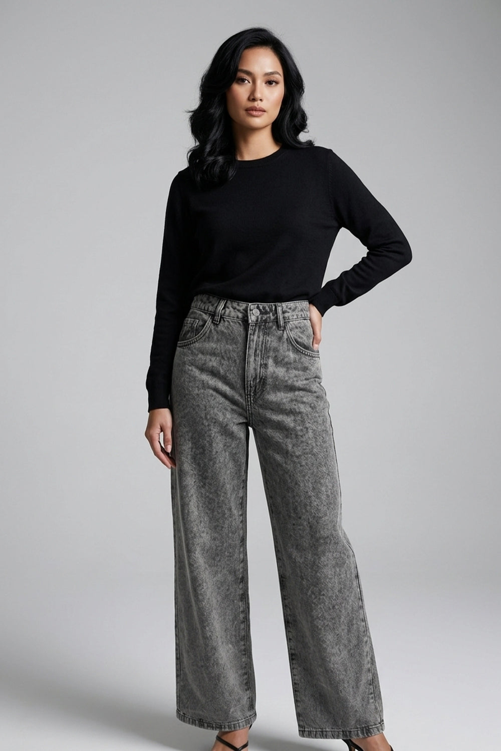 Women's Gray Wide Leg High Waist Denim Pants