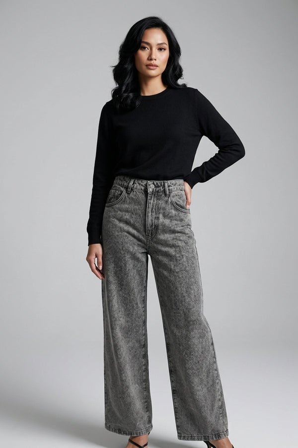Women's Gray Wide Leg High Waist Denim Pants