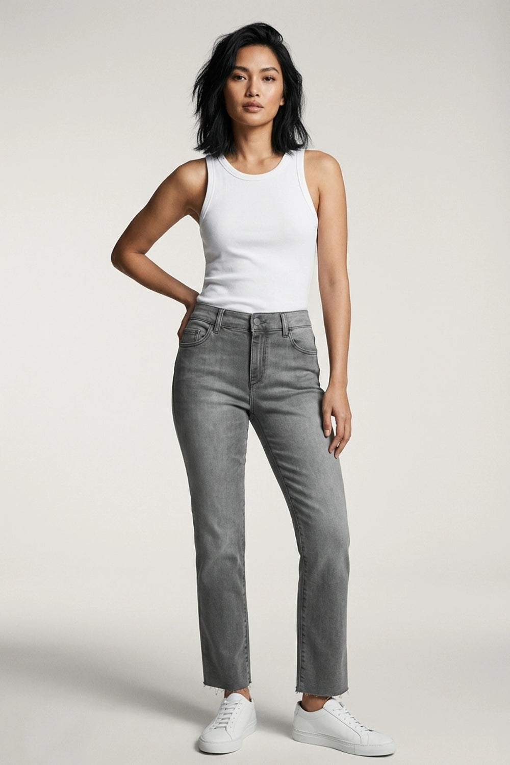 Women’s Straight Cut Mid Rise Jeans – Raw Hem Denim