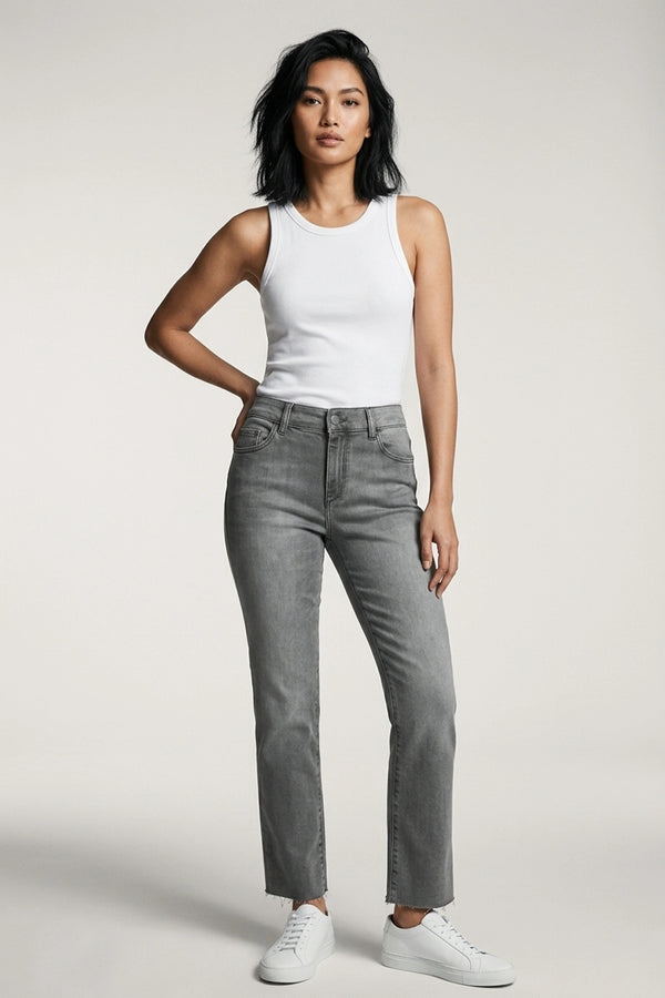 Women’s Straight Cut Mid Rise Jeans – Raw Hem Denim