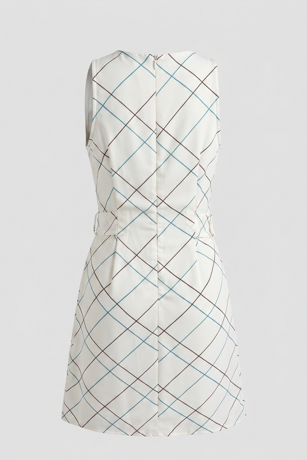Women's White Checked Sleeveless Georgette Mini Dress