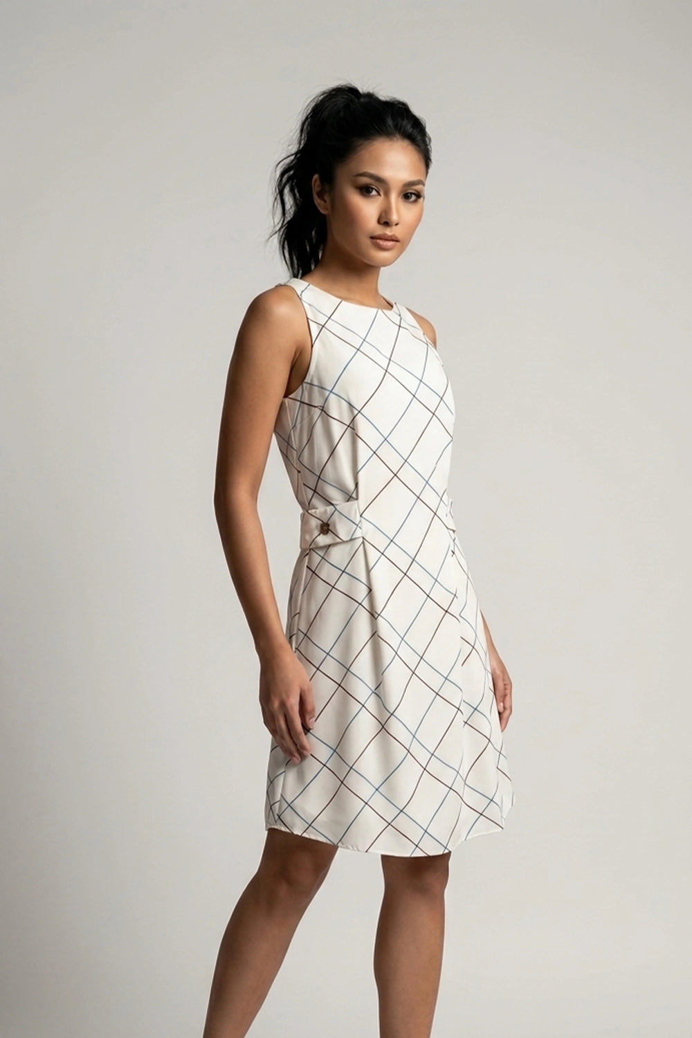 Women's White Checked Sleeveless Georgette Mini Dress