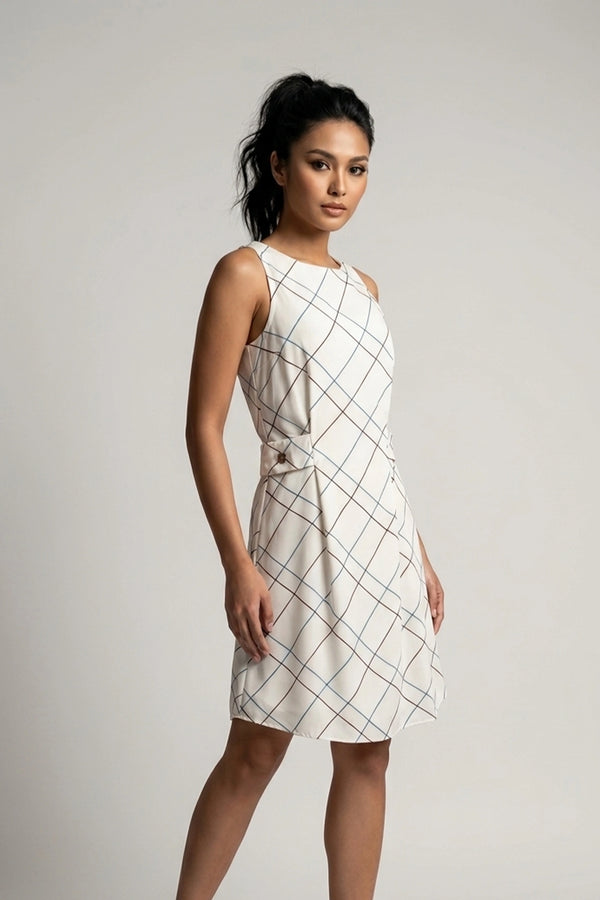 Women's White Checked Sleeveless Georgette Mini Dress