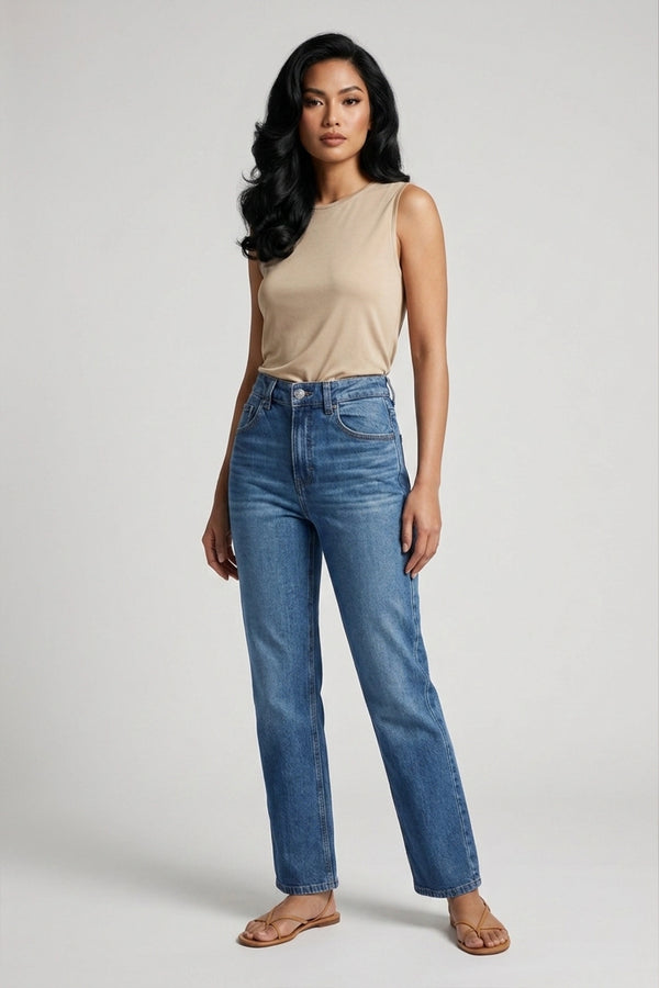 Women's Blue Straight Cut High Waist Denim Pants