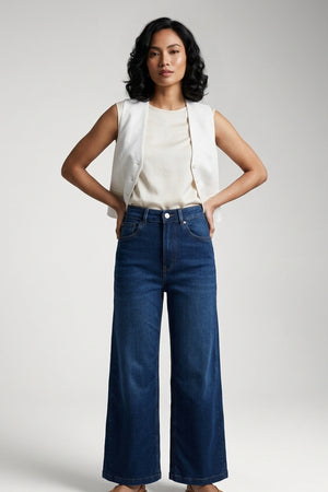 Women's Blue Stretchable Wide Leg High Waist Jeans