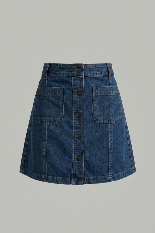 Women's Dark Blue Denim Mini Skirt - 5 Button A-Line