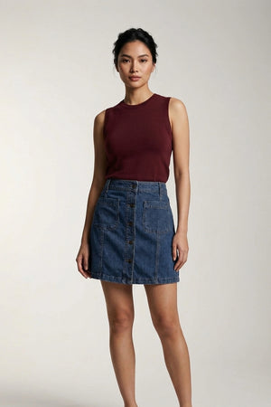 Women's Dark Blue Denim Mini Skirt - 5 Button A-Line
