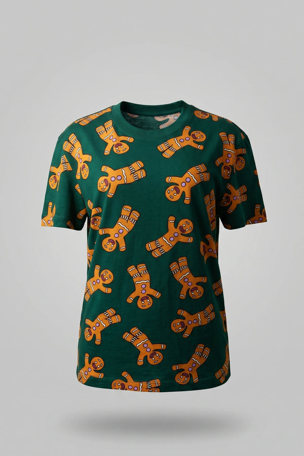 Women's Dark Green Gingerbread Print Short Sleeve Sleepwear Set