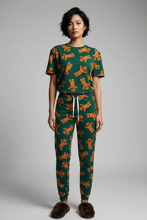 Women's Dark Green Gingerbread Print Short Sleeve Sleepwear Set