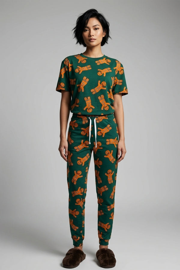 Women's Dark Green Gingerbread Print Short Sleeve Sleepwear Set
