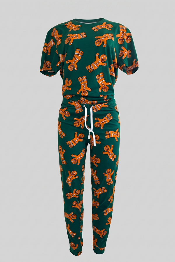 Women's Dark Green Gingerbread Print Short Sleeve Sleepwear Set