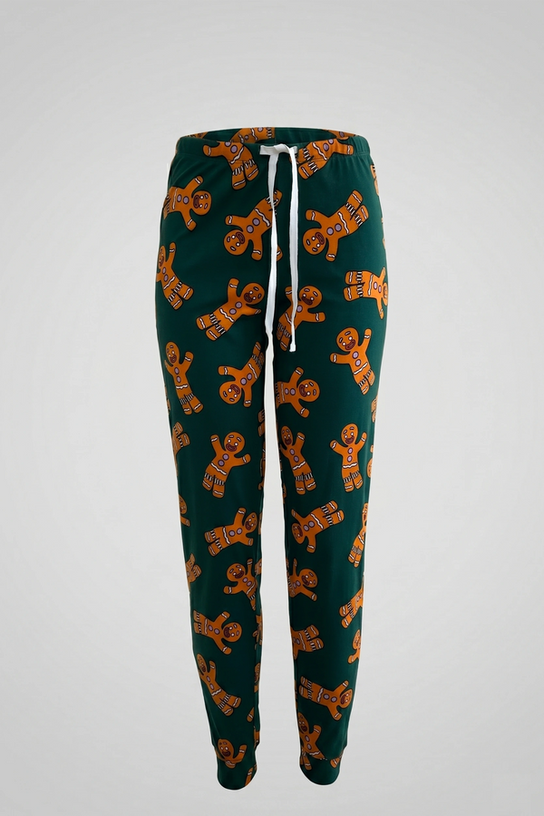 Women's Dark Green Gingerbread Print Short Sleeve Sleepwear Set