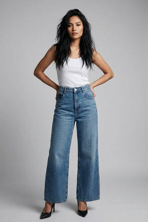 Women's Wide Leg High Waist Jeans Decorative Back Pocket