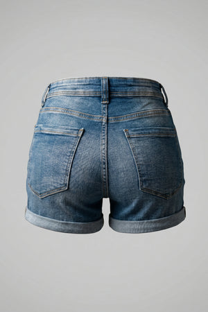 Women's Blue Stretchable High Waist Denim Cuffed Shorts