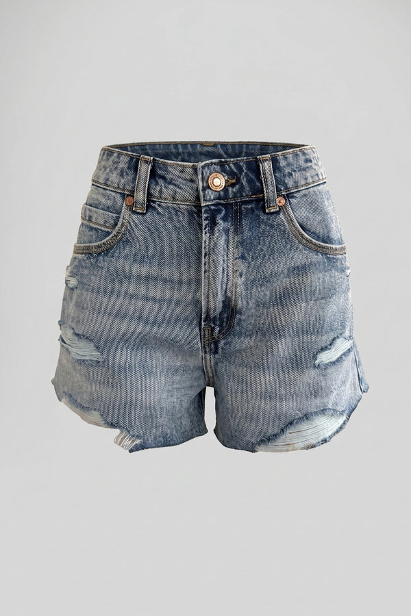Women's Light Blue High Rise Ripped Denim Shorts