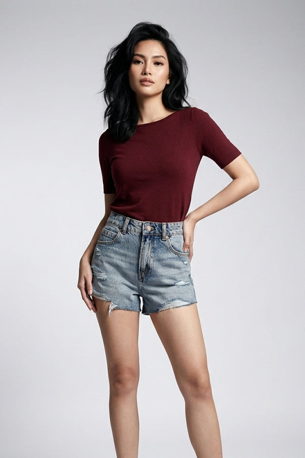 Women's Light Blue High Rise Ripped Denim Shorts